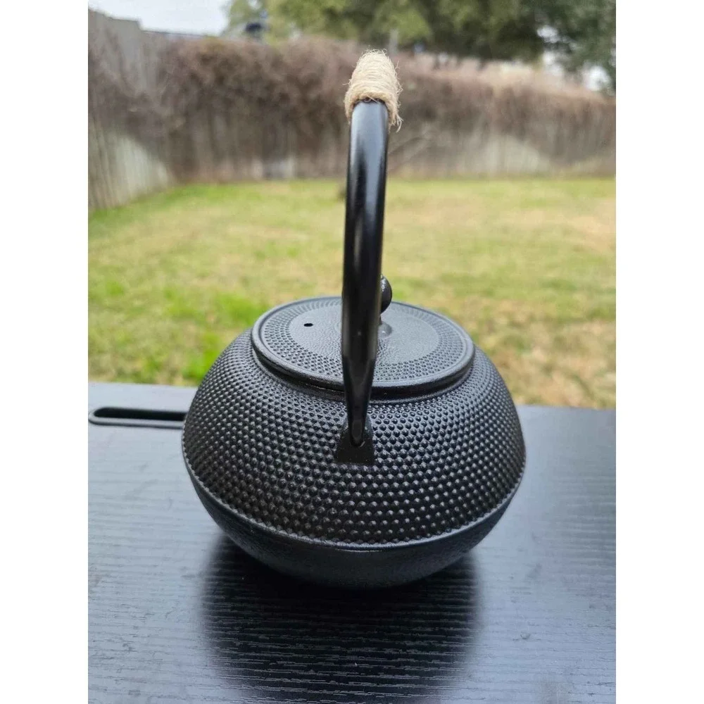 Black Cast Iron Hobnail Teapot Japanese Tetsubin Style Twine Handle Enamel Lid